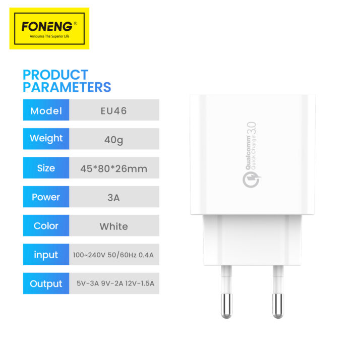 CARICATORE DA RETE FONENG EU46 - USB - 18W 3A CON CAVO DA USB A TIPO C BIANCO - immagine 4